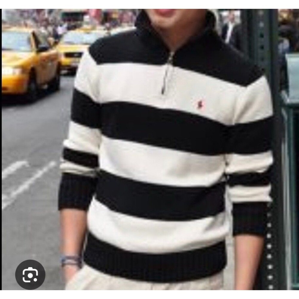 Ralph Lauren Polo Knit Sweater Zip Pullover Boys 10-12 Cream Stripes Preppy Lux